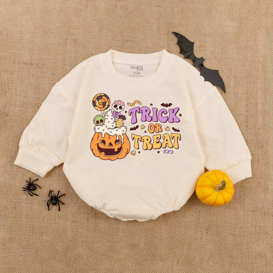 Retro Trick or Treat Baby Romper Halloween Pumpkin Candy Skull Design Orange Purple Sweet Newborn Baby Shower First Halloween Outfit