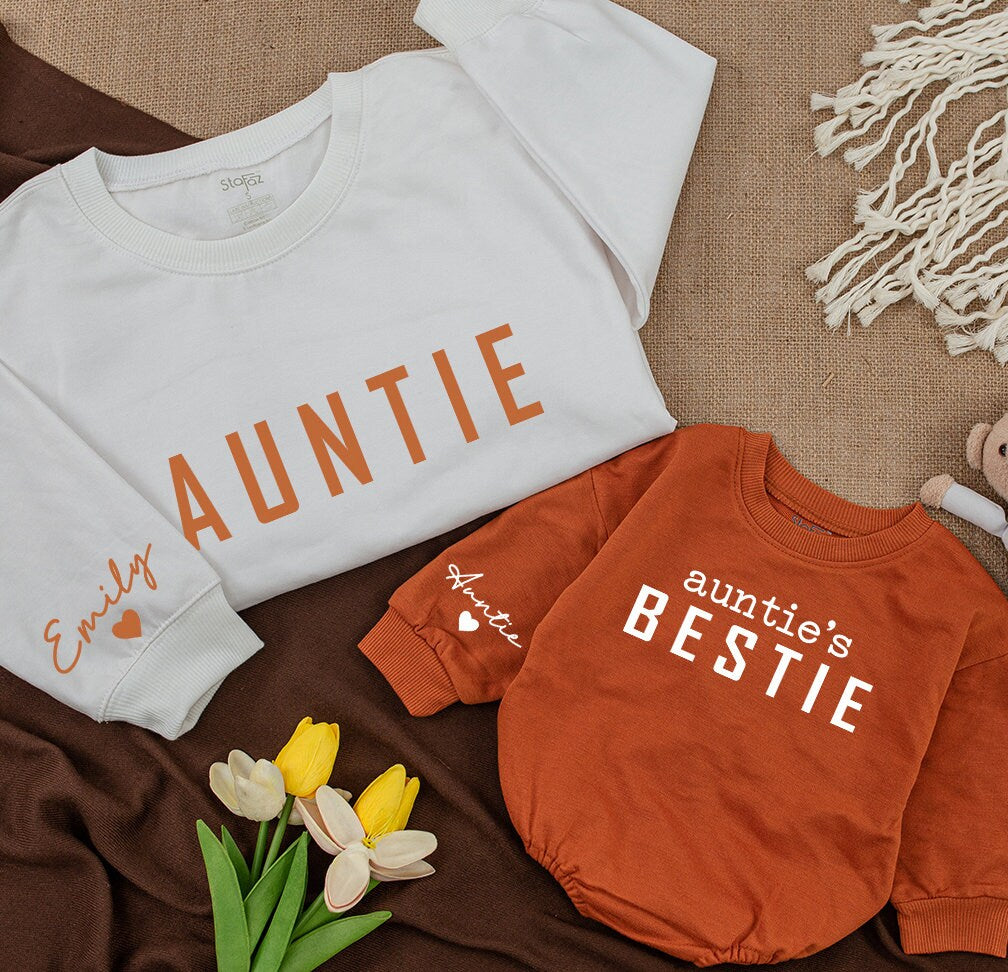 Custom Auntie & Bestie Sweatshirt Name on Sleeve Matching Family Fall Gift Baby Romper Outfit