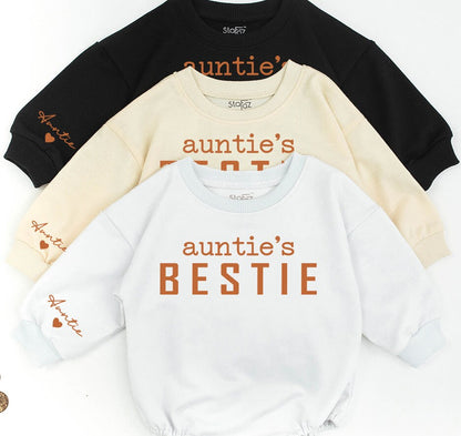 Custom Auntie & Bestie Sweatshirt Name on Sleeve Matching Family Fall Gift Baby Romper Outfit