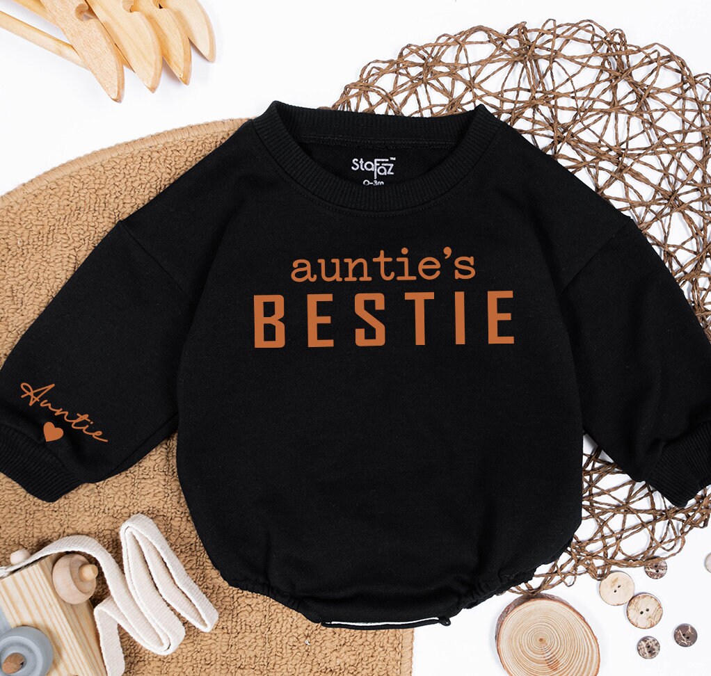 Custom Auntie & Bestie Sweatshirt Name on Sleeve Matching Family Fall Gift Baby Romper Outfit