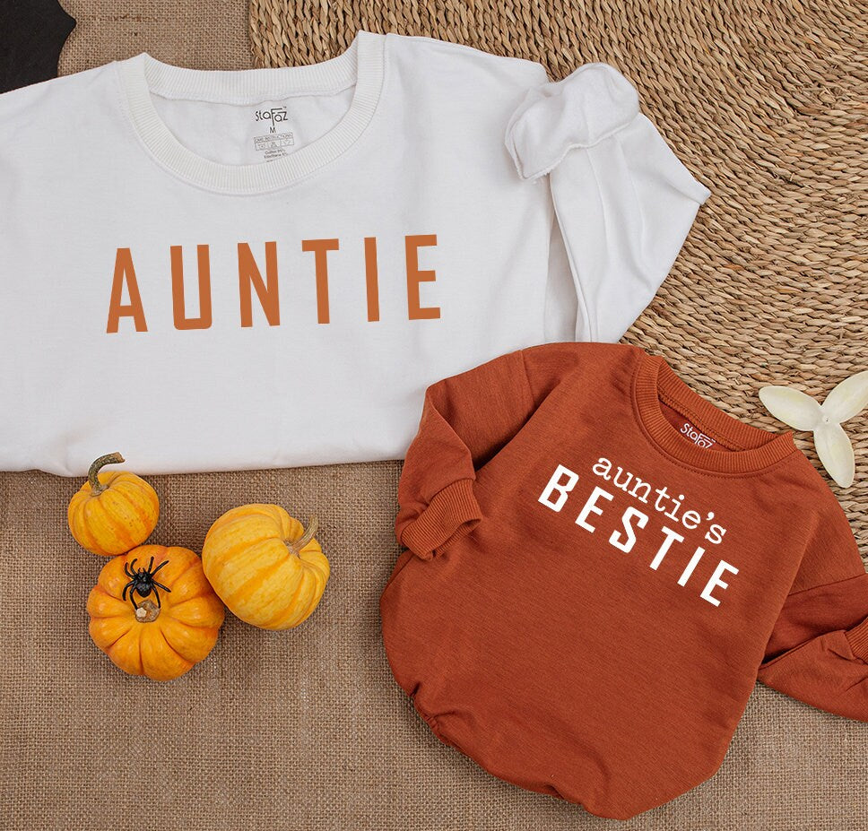 Custom Auntie & Bestie Sweatshirt Name on Sleeve Matching Family Fall Gift Baby Romper Outfit