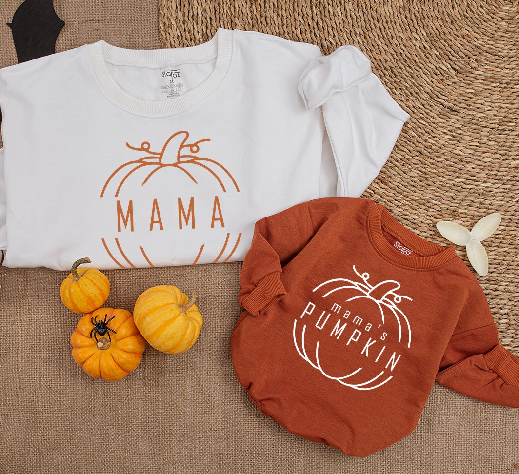 Personalized Mama & Emily's Pumpkin Matching Set, Fall Baby Romper, Mommy and Me Sweatshirt Outfit, Custom Mom & Daughter Thanksgiving Gift, 139 chars