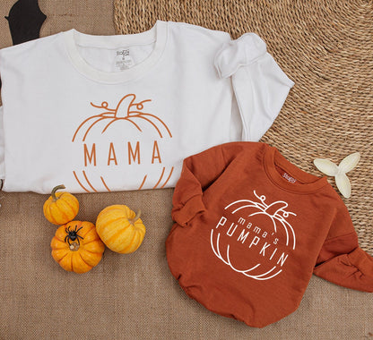 Personalized Mama & Emily's Pumpkin Matching Set, Fall Baby Romper, Mommy and Me Sweatshirt Outfit, Custom Mom & Daughter Thanksgiving Gift, 139 chars