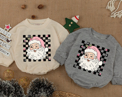 Merry Christmas Winking Santa Retro Family Matching Sweatshirt Babies Kids Cute Pink Hat Checkerboard Flowers Stars