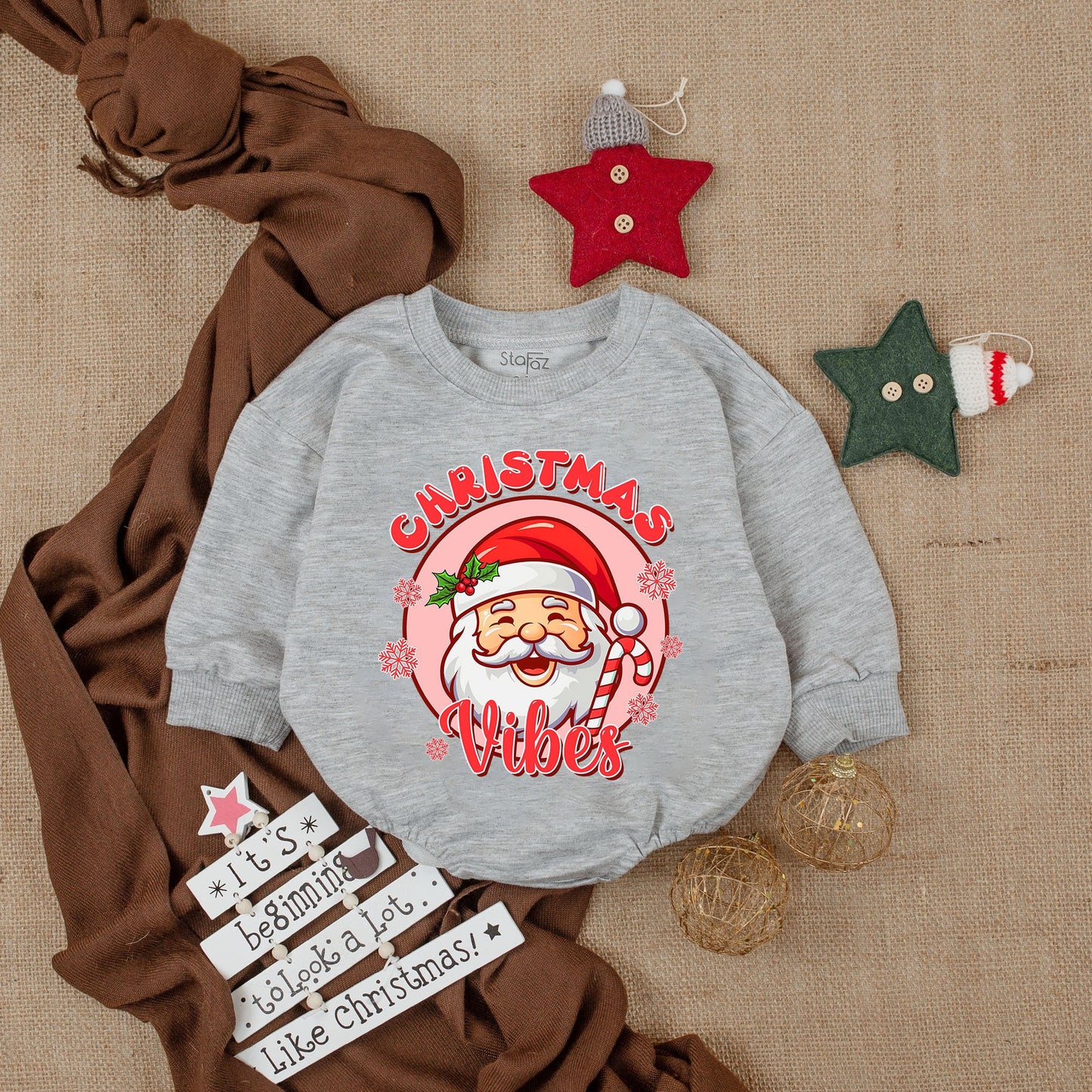 Retro Santa Claus Christmas Vibes Baby Romper Cozy funny infant outfit with playful cartoon Santa, candy cane, pink snowflakes, adorable first Christmas gift.