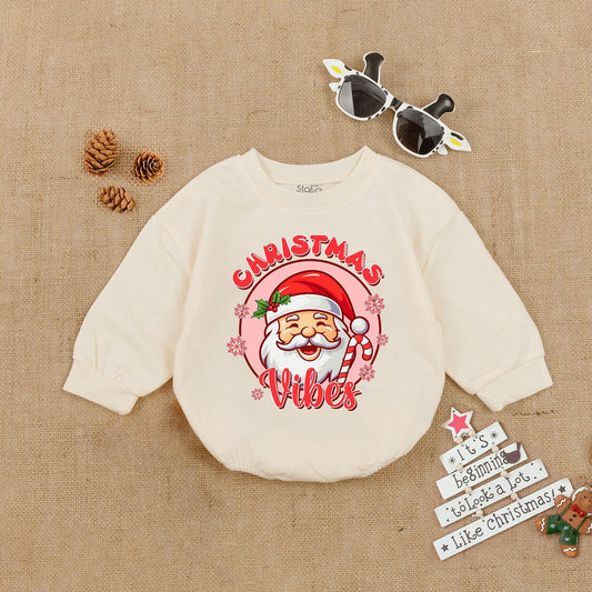 Retro Santa Claus Christmas Vibes Baby Romper Cozy funny infant outfit with playful cartoon Santa, candy cane, pink snowflakes, adorable first Christmas gift.