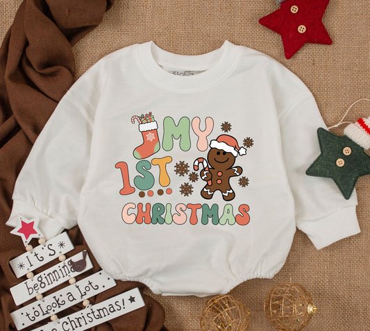 My 1st Christmas Retro Baby Romper Outfit, Colorful Festive Design, Newborn Girl Clothes, Infant Holiday Gift, Christmas Clothes