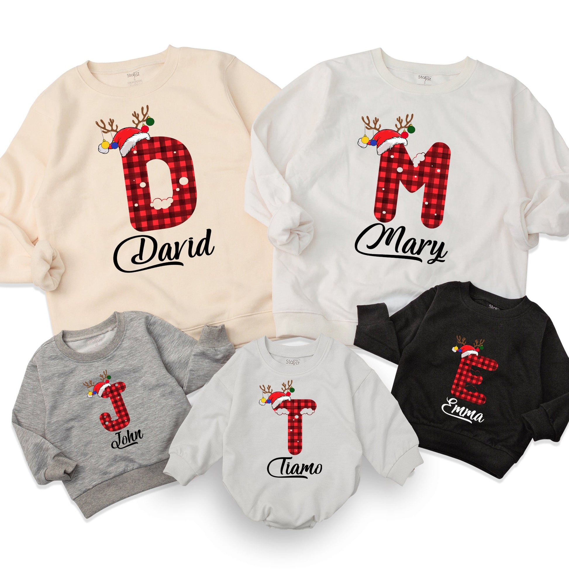 Custom Family Christmas Sweatshirt Red Black Buffalo Plaid Initial Name Reindeer Antler Baby Toddler Kids Matching Holiday Gift Outfit