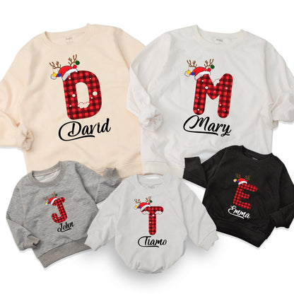 Custom Family Christmas Sweatshirt Red Black Buffalo Plaid Initial Name Reindeer Antler Baby Toddler Kids Matching Holiday Gift Outfit