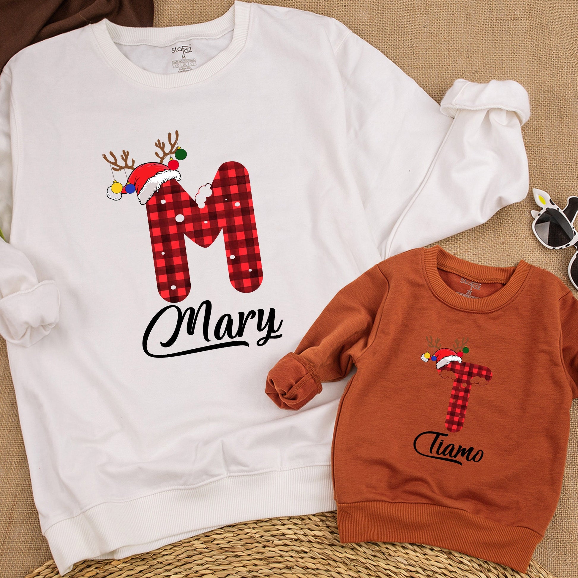 Custom Family Christmas Sweatshirt Red Black Buffalo Plaid Initial Name Reindeer Antler Baby Toddler Kids Matching Holiday Gift Outfit