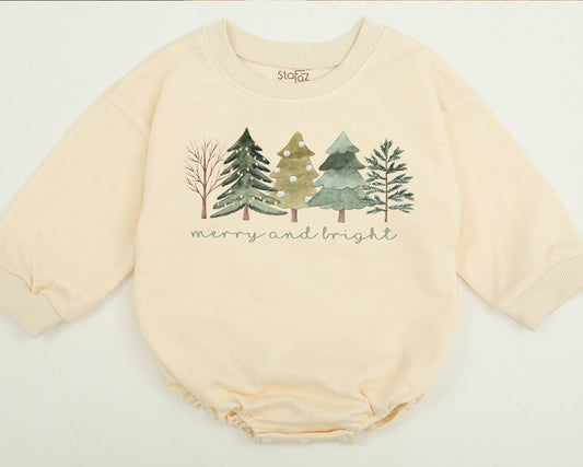 Matching Family Merry and Bright Christmas Tree Sweatshirt Kids Vintage Watercolor Holiday Outfit Newborn Toddler Gift