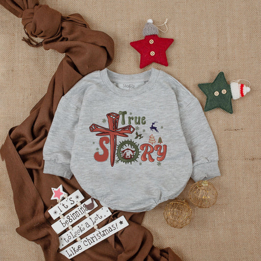 Baby's First Christmas True Story Bodysuit Green Red Nativity Wreath Whimsical Design Long Sleeve Newborn Romper Outfit Holiday Gift