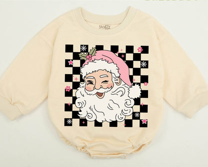 Merry Christmas Winking Santa Retro Family Matching Sweatshirt Babies Kids Cute Pink Hat Checkerboard Flowers Stars