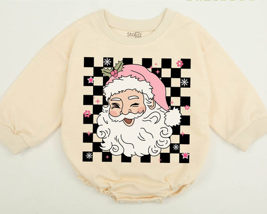 Merry Christmas Winking Santa Retro Family Matching Sweatshirt Babies Kids Cute Pink Hat Checkerboard Flowers Stars
