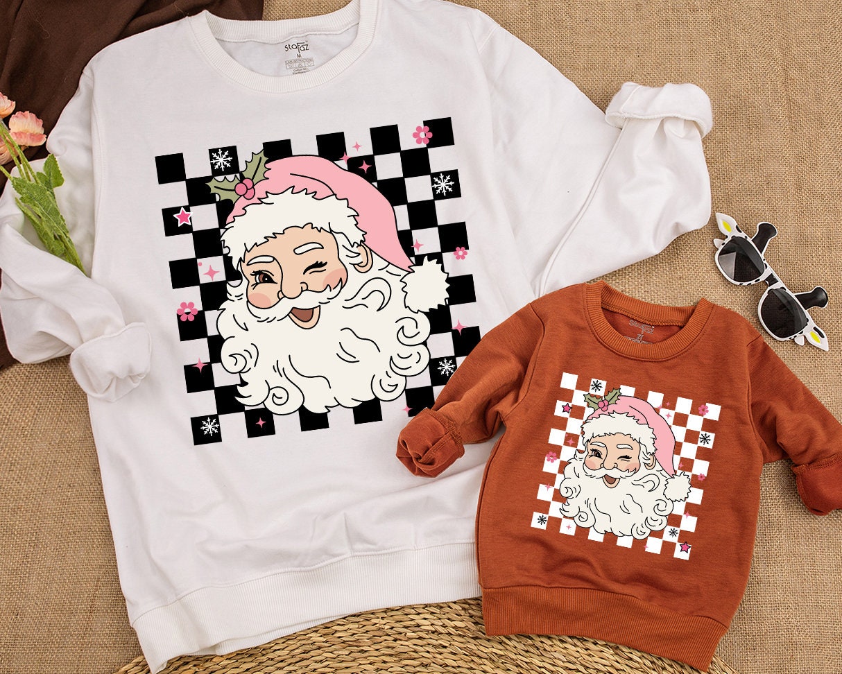 Merry Christmas Winking Santa Retro Family Matching Sweatshirt Babies Kids Cute Pink Hat Checkerboard Flowers Stars