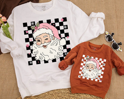 Merry Christmas Winking Santa Retro Family Matching Sweatshirt Babies Kids Cute Pink Hat Checkerboard Flowers Stars