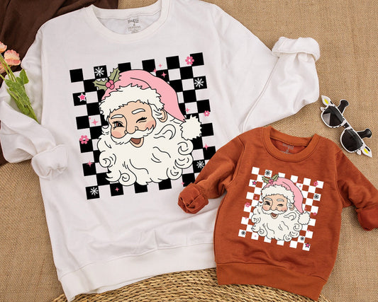 Merry Christmas Winking Santa Retro Family Matching Sweatshirt Babies Kids Cute Pink Hat Checkerboard Flowers Stars
