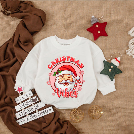 Retro Santa Claus Christmas Vibes Baby Romper Cozy funny infant outfit with playful cartoon Santa, candy cane, pink snowflakes, adorable first Christmas gift.
