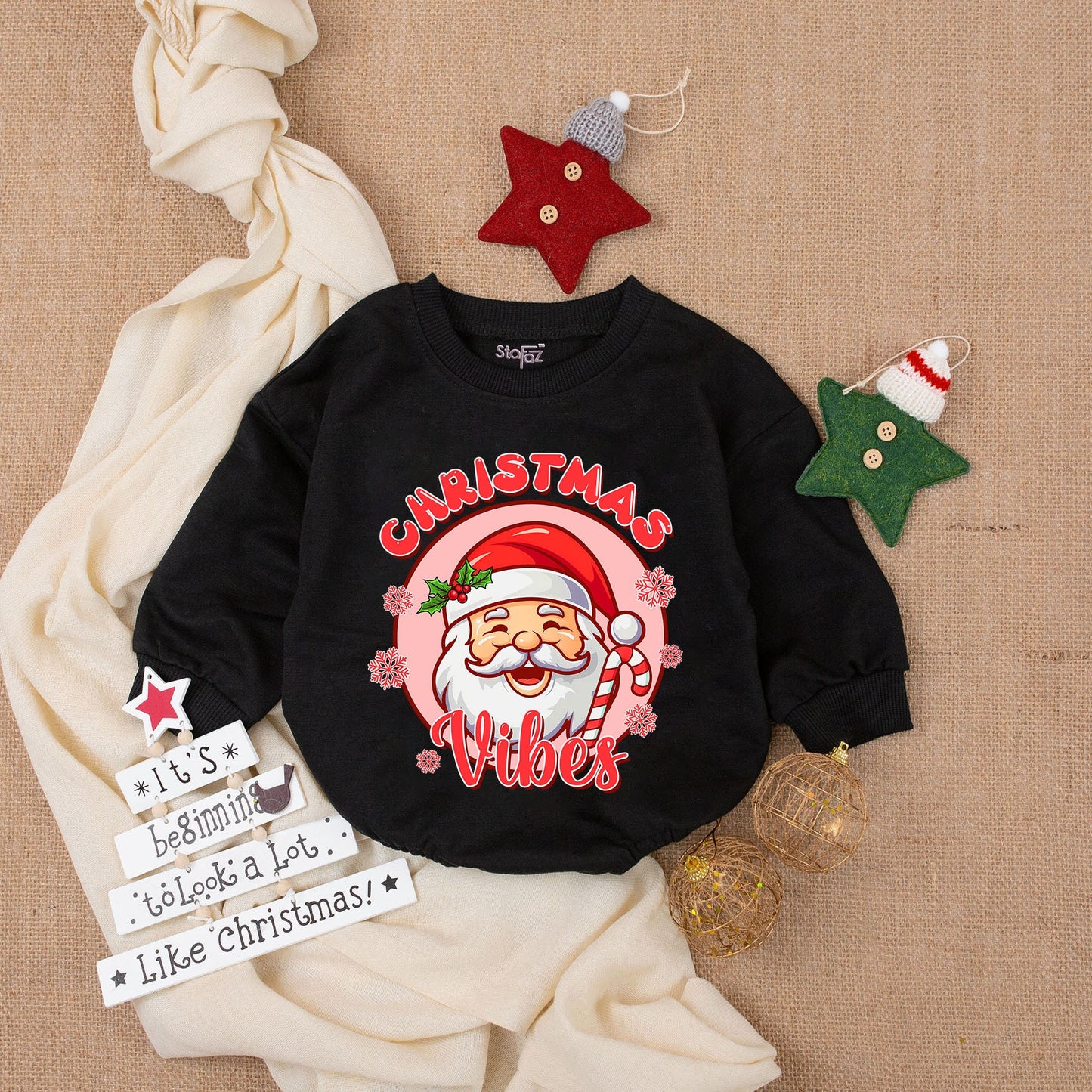 Retro Santa Claus Christmas Vibes Baby Romper Cozy funny infant outfit with playful cartoon Santa, candy cane, pink snowflakes, adorable first Christmas gift.