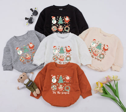 Whimsical Christmas Baby Bubble Romper with Snowman Tree Santa Claus Gingerbread 'Tis the Season & Snowflake Details for Festive Baby Shower Gifts