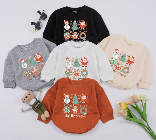 Whimsical Christmas Baby Bubble Romper with Snowman Tree Santa Claus Gingerbread 'Tis the Season & Snowflake Details for Festive Baby Shower Gifts