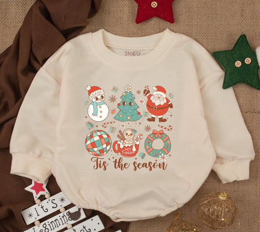 Whimsical Christmas Baby Bubble Romper with Snowman Tree Santa Claus Gingerbread 'Tis the Season & Snowflake Details for Festive Baby Shower Gifts