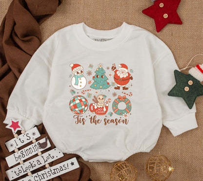 Whimsical Christmas Baby Bubble Romper with Snowman Tree Santa Claus Gingerbread 'Tis the Season & Snowflake Details for Festive Baby Shower Gifts