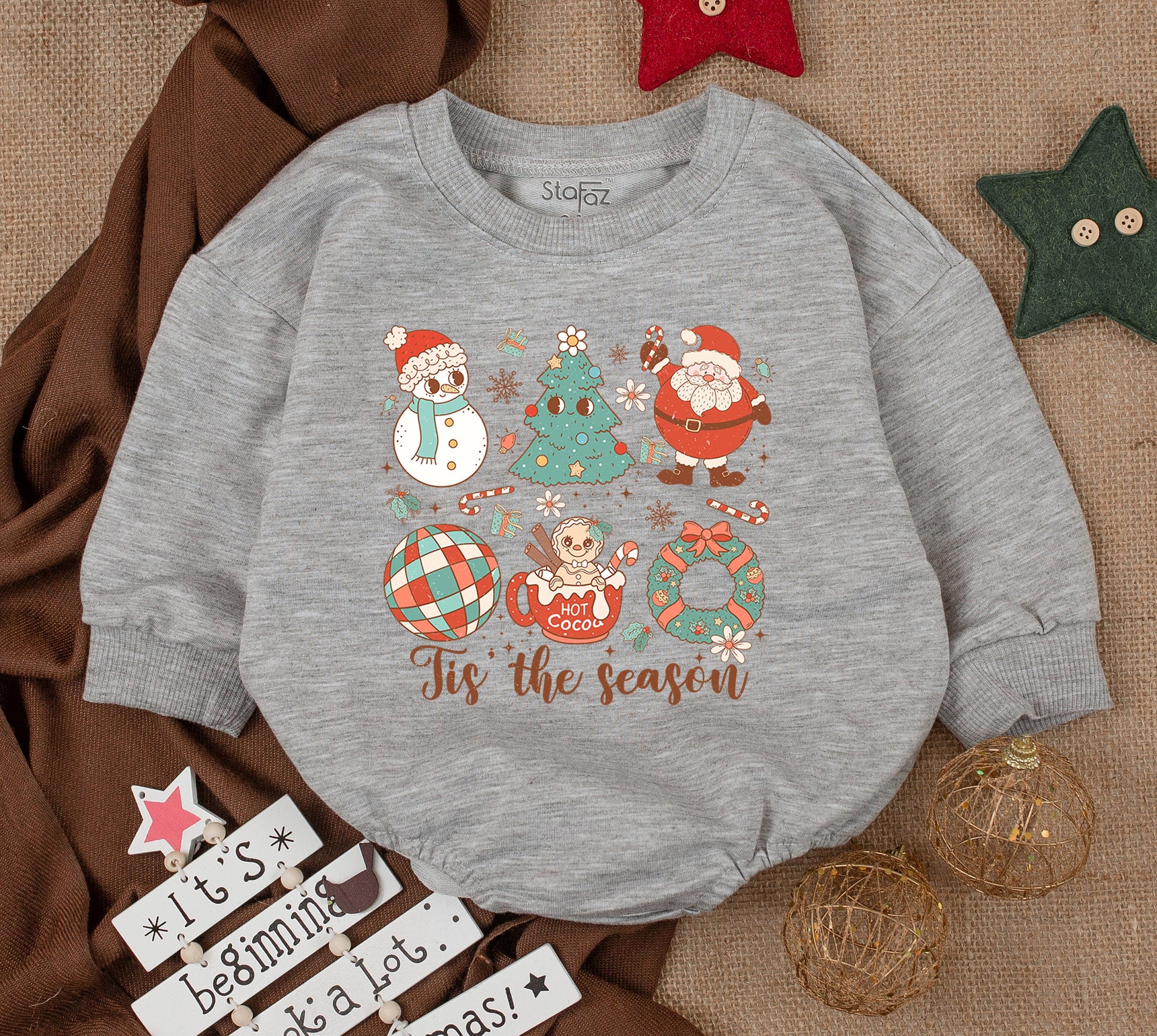 Whimsical Christmas Baby Bubble Romper with Snowman Tree Santa Claus Gingerbread 'Tis the Season & Snowflake Details for Festive Baby Shower Gifts