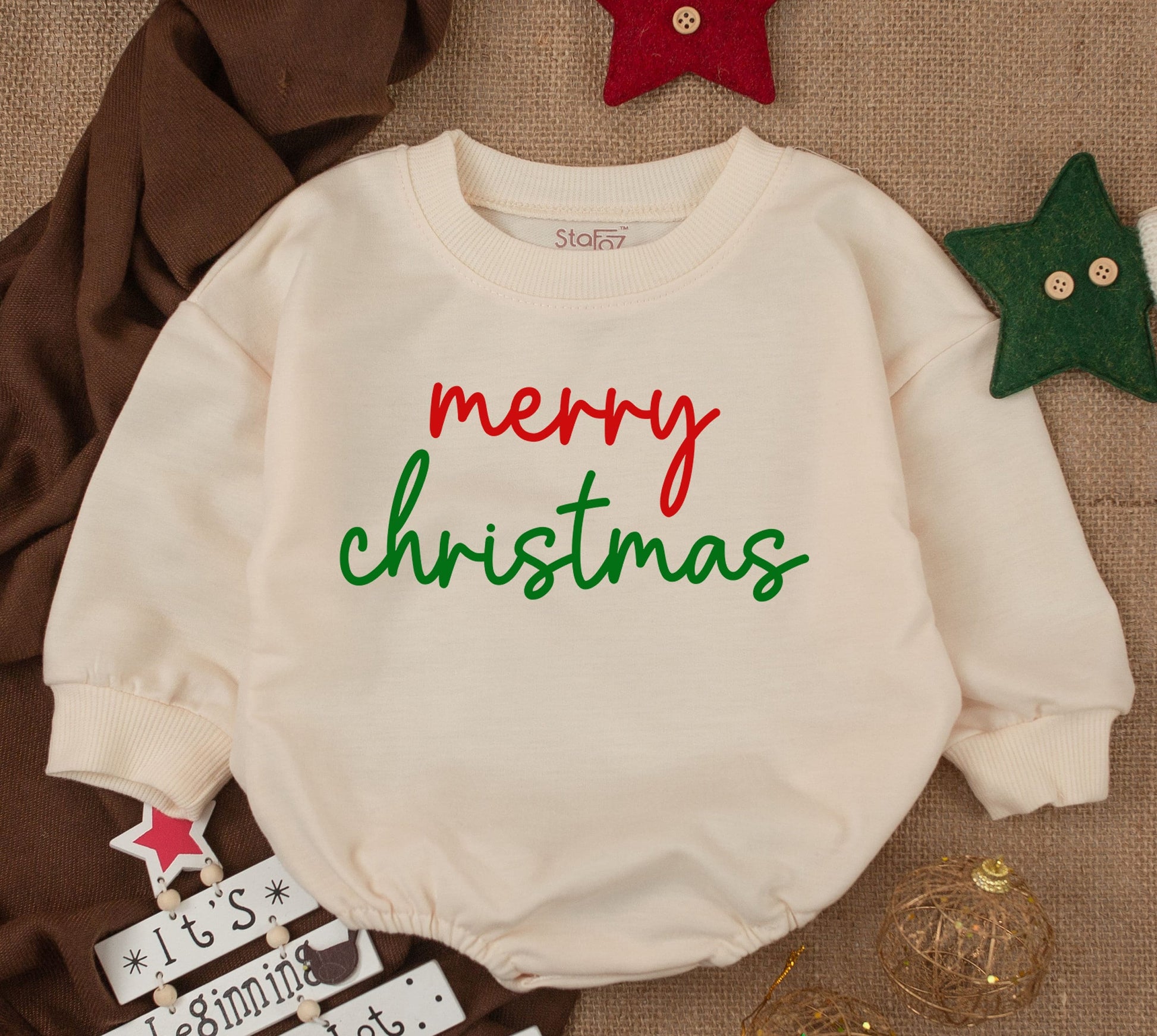 Merry Christmas Baby Romper Outfit, Red & Green Cursive Print, Soft Cozy Infant Clothes, Christmas Girl or Boy, Holiday Bodysuit, Baby Shower Gift 139