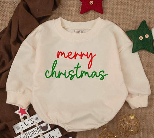 Merry Christmas Baby Romper Outfit, Red & Green Cursive Print, Soft Cozy Infant Clothes, Christmas Girl or Boy, Holiday Bodysuit, Baby Shower Gift 139