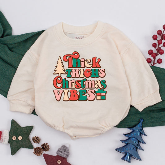 Thick Thighs Christmas Vibes Baby Girl Romper First Christmas Outfit Retro Bubbly Font Festive Holiday Infant Bodysuit Red Green Pink Beige