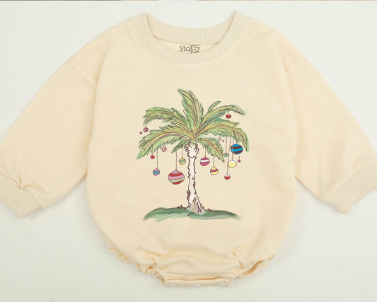Tropical Christmas Palm Tree Sweatshirt Toddler Romper, Beachy Xmas Gift for Baby Kid, Aloha Holiday Outfit, Florida Christmas in July Fun 139chars