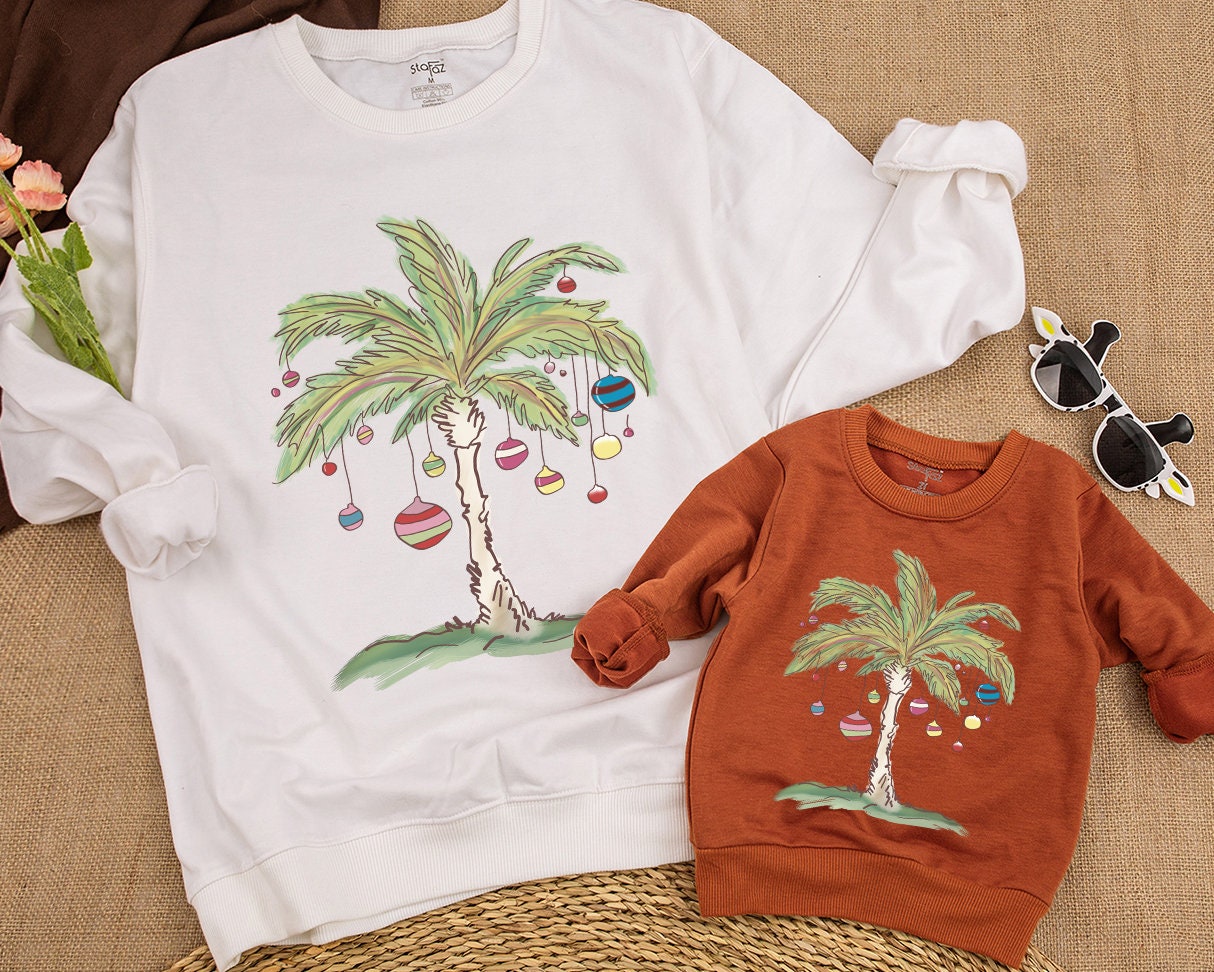 Tropical Christmas Palm Tree Sweatshirt Toddler Romper, Beachy Xmas Gift for Baby Kid, Aloha Holiday Outfit, Florida Christmas in July Fun 139chars