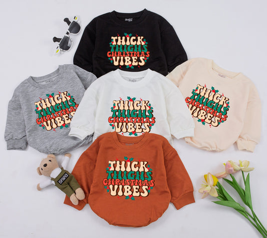 Baby Girl Christmas Bubble Romper & Sweatshirt Cute Toddler Thick Thighs Holiday Vibes First Christmas Outfit Cozy Festive Fun