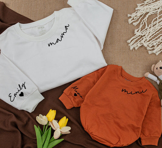 Custom Mama and Mini Matching Sweatshirts Daughter Son Names Family Cozy Winter Apparel Retro Christmas Gift Baby Newborn Coming Home