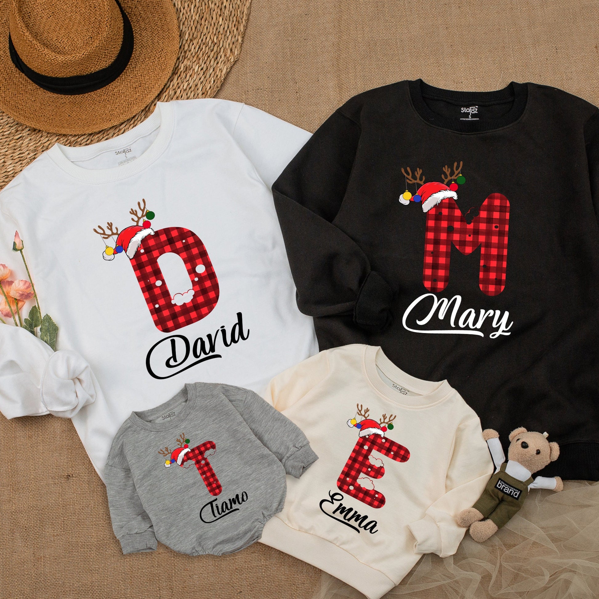 Custom Family Christmas Sweatshirt Red Black Buffalo Plaid Initial Name Reindeer Antler Baby Toddler Kids Matching Holiday Gift Outfit