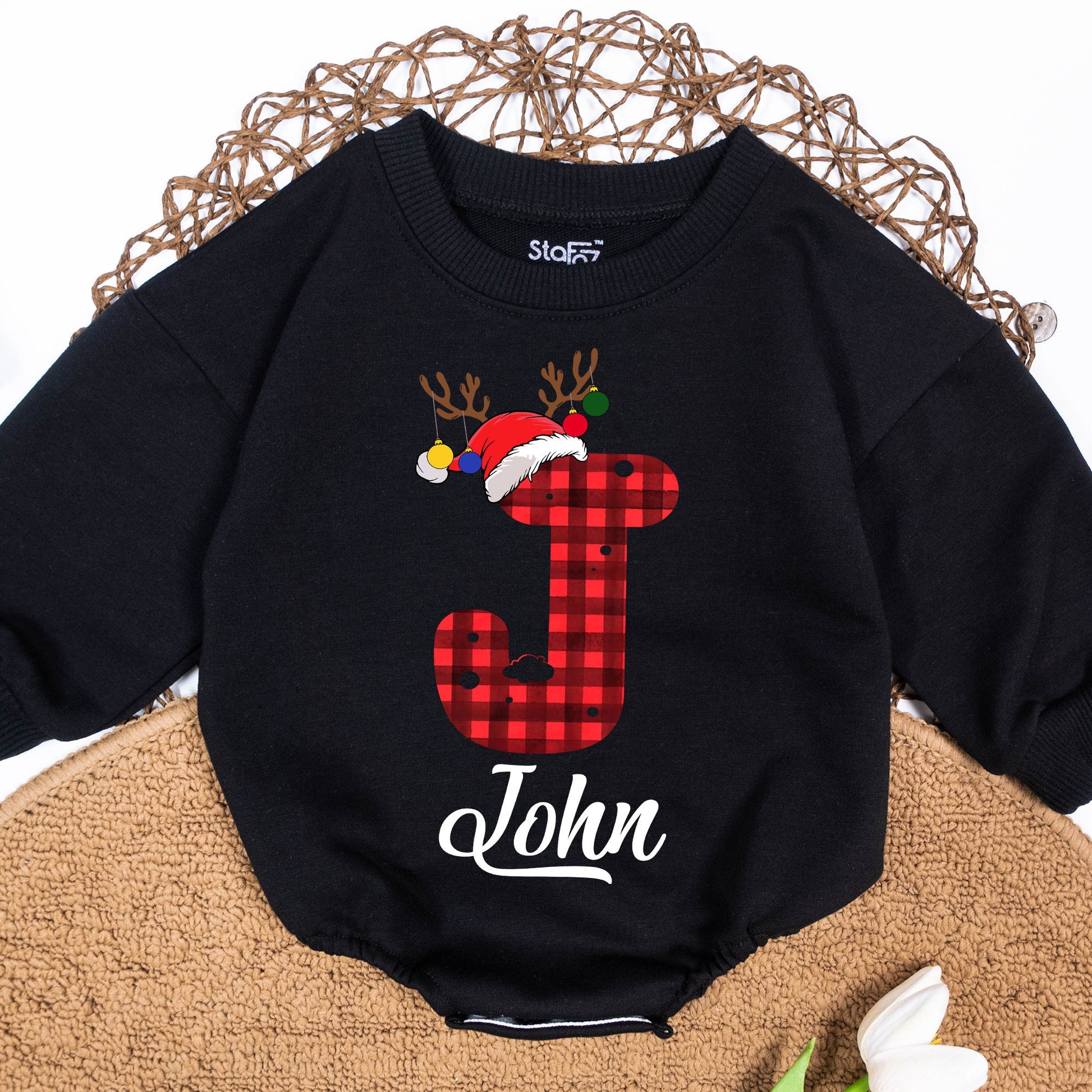 Custom Family Christmas Sweatshirt Red Black Buffalo Plaid Initial Name Reindeer Antler Baby Toddler Kids Matching Holiday Gift Outfit