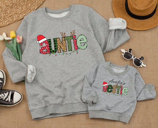 Auntie & Bestie Christmas Matching Sweatshirt Cute Xmas Kid Outfit Fall Baby Romper Gift Merry Christmas Family Winter Tee Santa Shirt