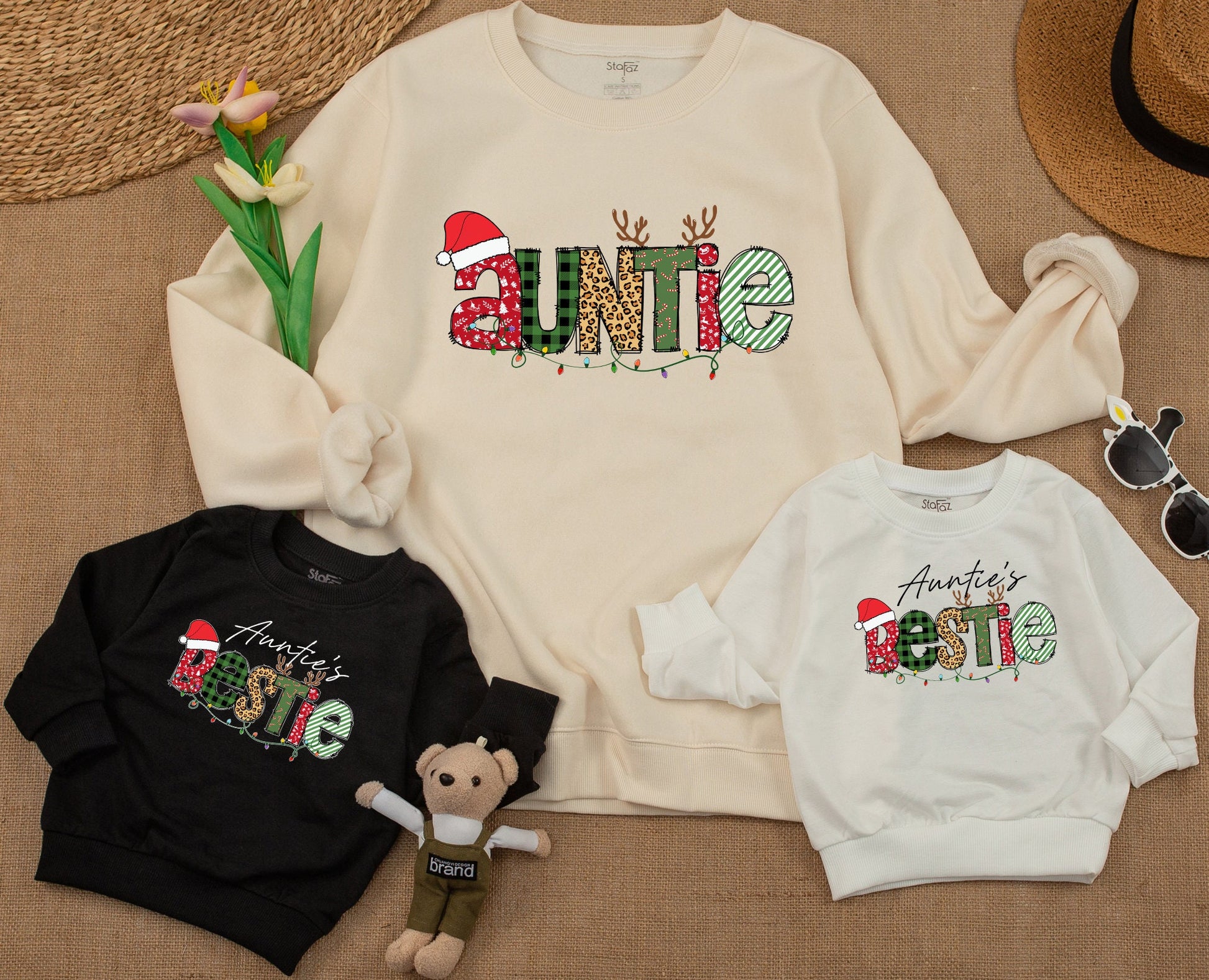 Auntie & Bestie Christmas Matching Sweatshirt Cute Xmas Kid Outfit Fall Baby Romper Gift Merry Christmas Family Winter Tee Santa Shirt