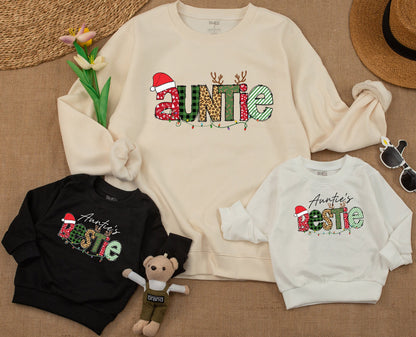 Auntie & Bestie Christmas Matching Sweatshirt Cute Xmas Kid Outfit Fall Baby Romper Gift Merry Christmas Family Winter Tee Santa Shirt