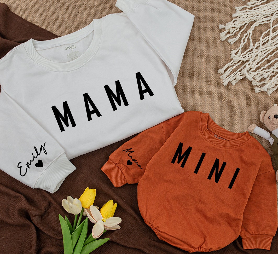 Personalized Mama and Mini Sweatshirt Matching Family Christmas Outfit Baby Girl Romper Custom Name Cozy Winter Gift