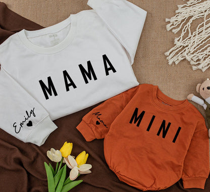 Personalized Mama and Mini Sweatshirt Matching Family Christmas Outfit Baby Girl Romper Custom Name Cozy Winter Gift