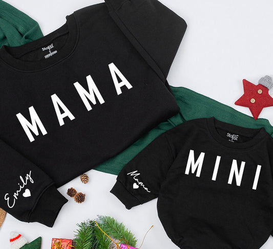 Personalized Mama and Mini Sweatshirt Matching Family Christmas Outfit Baby Girl Romper Custom Name Cozy Winter Gift