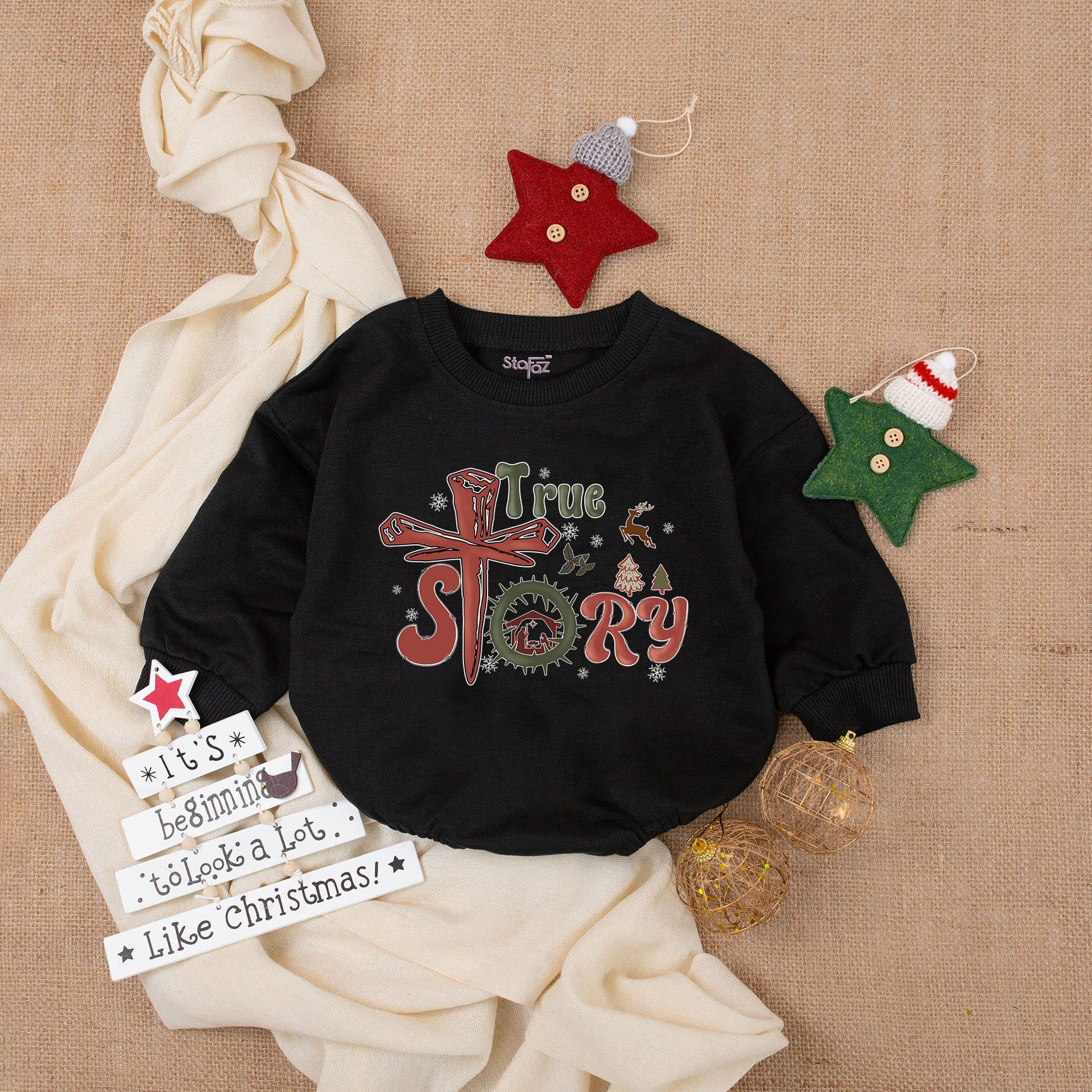 Baby's First Christmas True Story Bodysuit Green Red Nativity Wreath Whimsical Design Long Sleeve Newborn Romper Outfit Holiday Gift