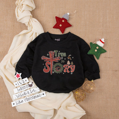 Baby's First Christmas True Story Bodysuit Green Red Nativity Wreath Whimsical Design Long Sleeve Newborn Romper Outfit Holiday Gift