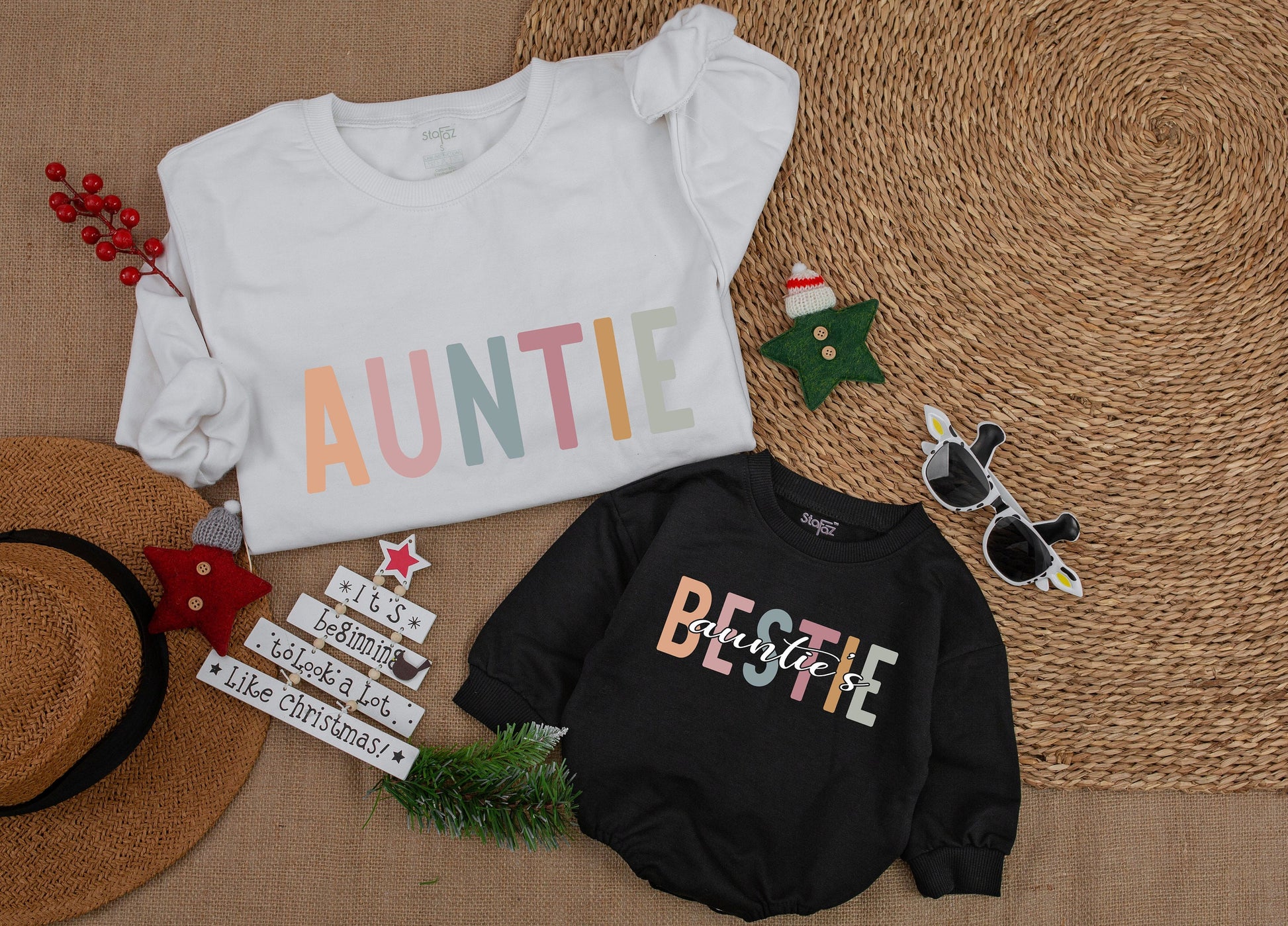Personalized Auntie & Auntie's Bestie Matching Family Sweatshirt, Cute Xmas Gift for Niece & Baby Romper, Custom Auntie and Me Outfit