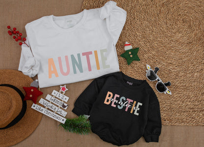 Personalized Auntie & Auntie's Bestie Matching Family Sweatshirt, Cute Xmas Gift for Niece & Baby Romper, Custom Auntie and Me Outfit