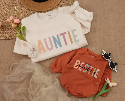 Personalized Auntie & Auntie's Bestie Matching Family Sweatshirt, Cute Xmas Gift for Niece & Baby Romper, Custom Auntie and Me Outfit