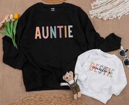 Personalized Auntie & Auntie's Bestie Matching Family Sweatshirt, Cute Xmas Gift for Niece & Baby Romper, Custom Auntie and Me Outfit