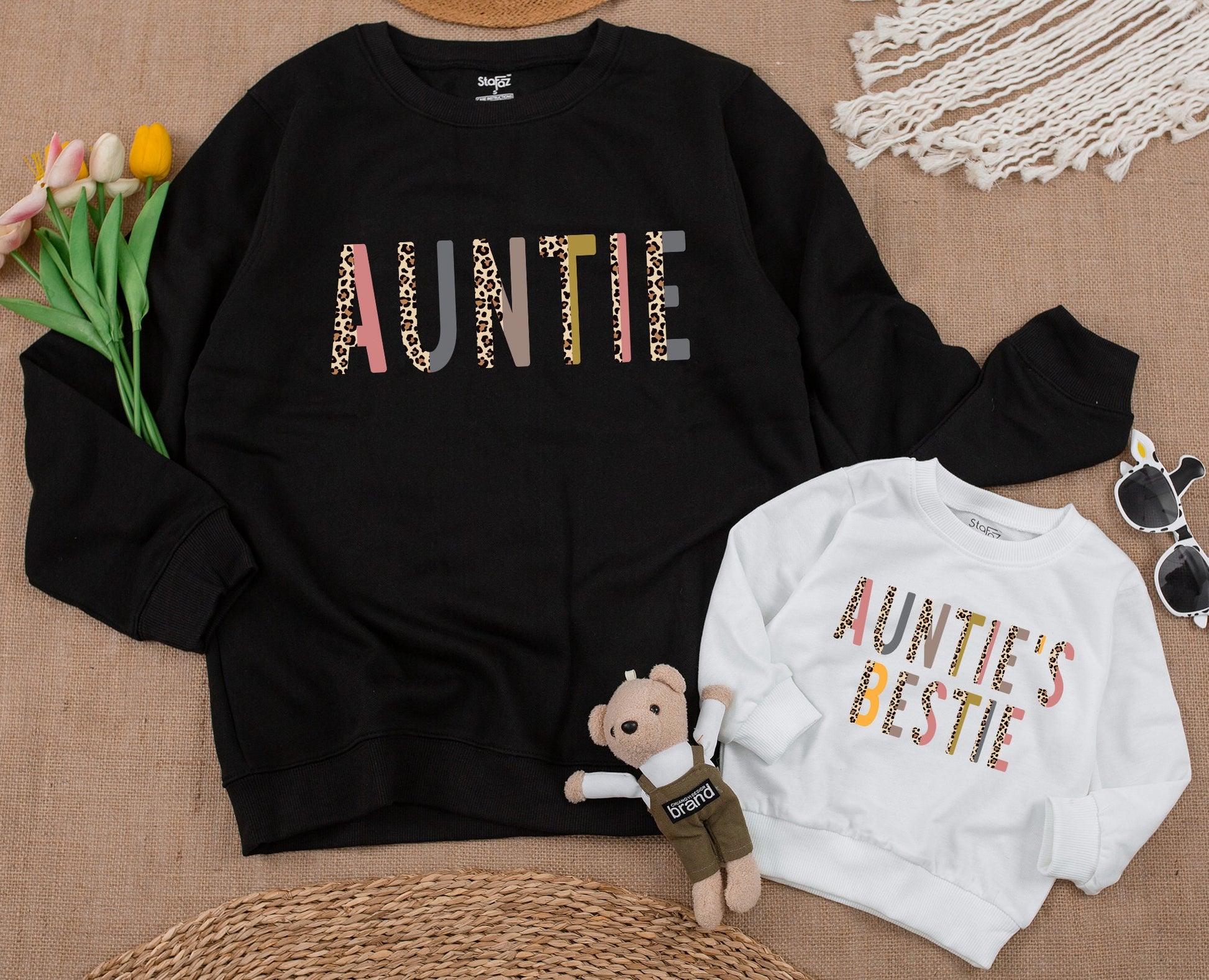 Custom Auntie & Auntie's Bestie Matching Sweatshirt Leopard Print Fall Outfit Baby Girl Romper Gift for Auntie & Niece or Nephew